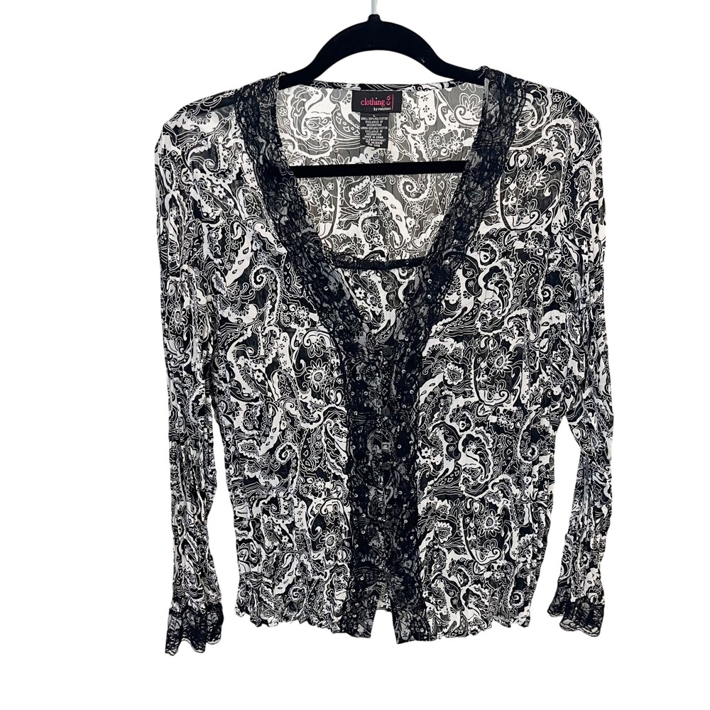 Vintage Y2K Lace Sequin Crinkled Long Sleeve Blouse Top‎ Fairy - Size Large